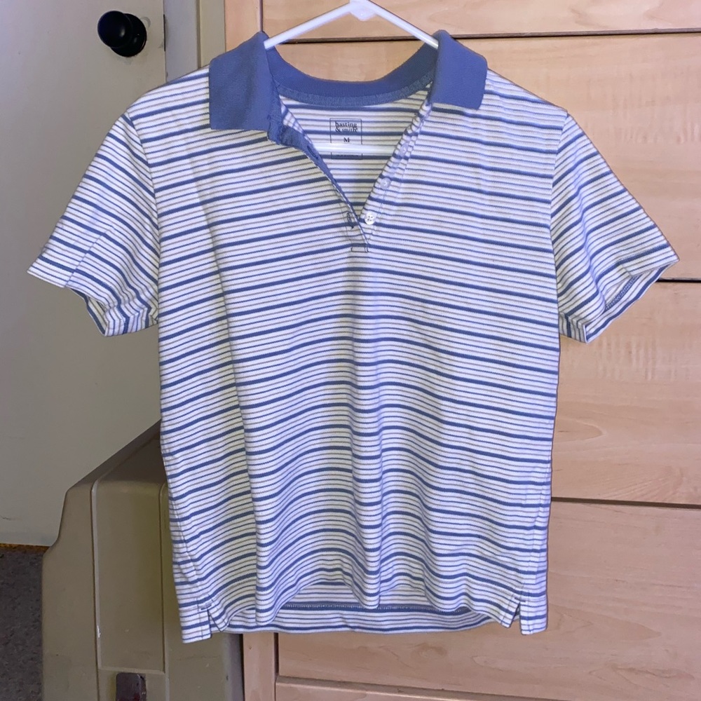 Blue and White Striped Cropped Collared Shirt